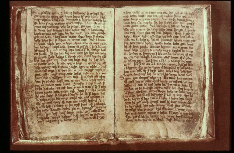 Open pages of the Codex Regius, the medieval Icelandic manuscript of the Eddic poems