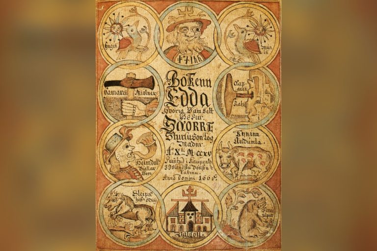 Painted manuscript title page of the Prose Edda, with roundels of Odin and his ravens, Heimdall, the cow Auðhumla, Sleipnir and Valhalla around the title