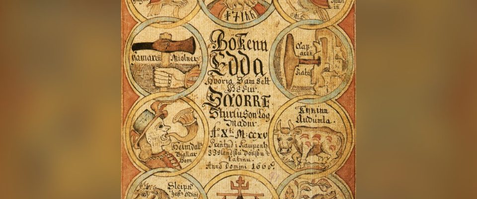 Painted manuscript title page of the Prose Edda, with roundels of Odin and his ravens, Heimdall, the cow Auðhumla, Sleipnir and Valhalla around the title