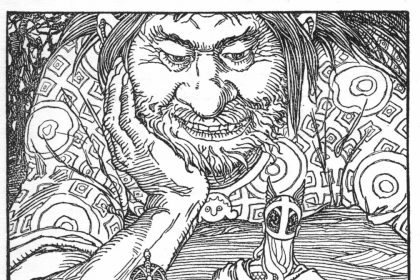 The giant Skrymir, chin in hand, grins down at the helmeted Thor. Illustration by Elmer Boyd Smith, 1902