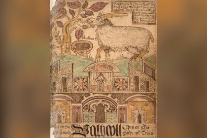An 18th-century Icelandic manuscript drawing of Valhalla, Odin's hall, with the goat Heidrun standing on its roof and eating the leaves of a tree