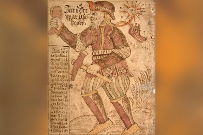 An 18th-century Icelandic manuscript drawing of Thor holding his hammer Mjolnir, wearing his iron gloves and belt of strength