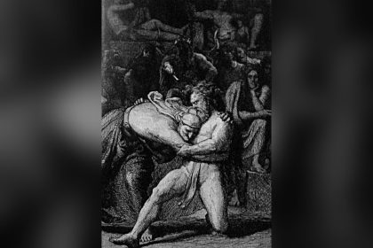 Thor wrestles the old woman Elli in Utgard-Loki's hall and is forced down to one knee while giants watch. Illustration by Lorenz Frølich, 1872