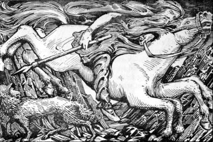 Odin rides Sleipnir to Hel. W. G. Collingwood, 1908