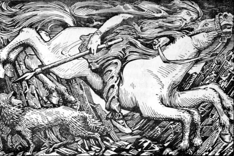 Odin rides Sleipnir to Hel. W. G. Collingwood, 1908