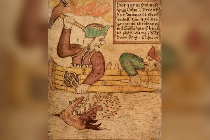 Thor and Tyr story art: Thor raises his hammer in Hymir's boat, from an 18th-century Icelandic manuscript