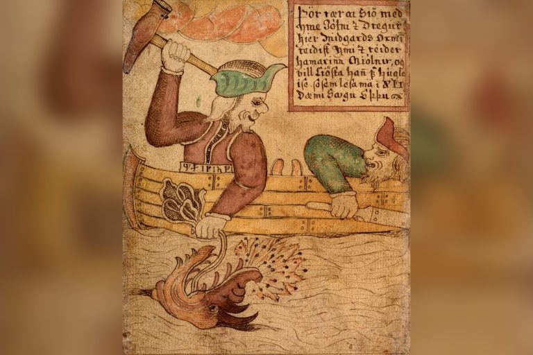 Thor and Tyr story art: Thor raises his hammer in Hymir's boat, from an 18th-century Icelandic manuscript