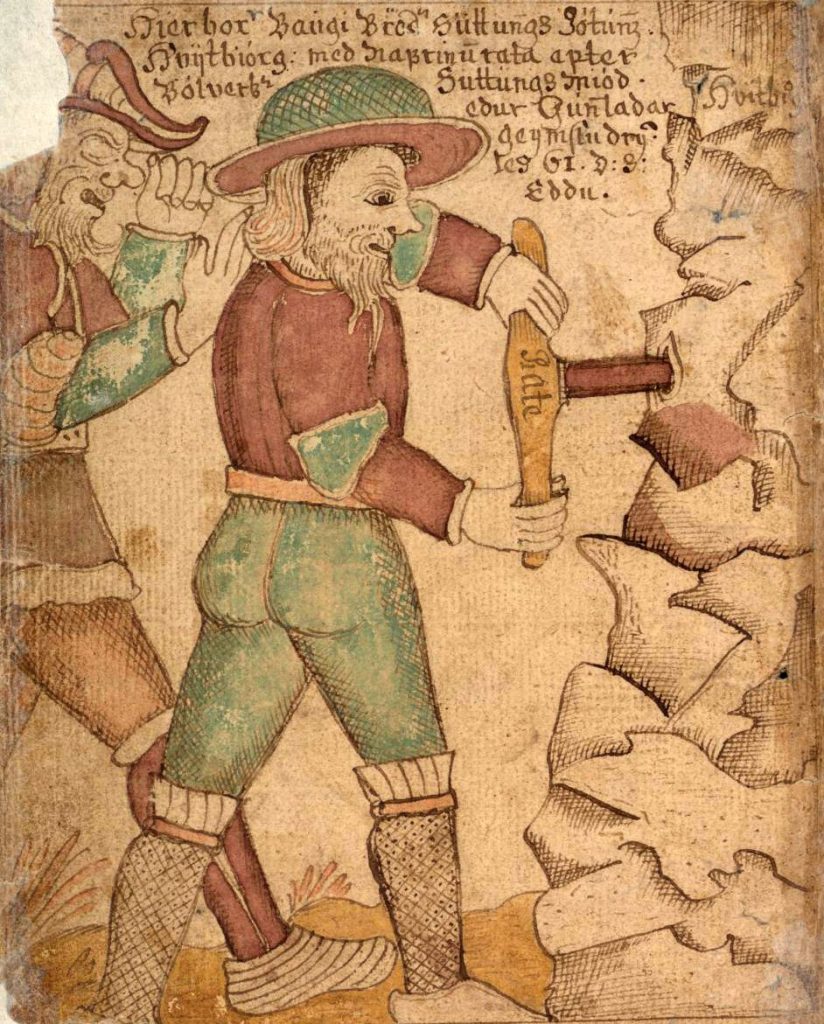 Icelandic manuscript drawing of Odin and the giant Baugi, who bores into a mountain with a drill