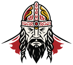 Black-braided Viking in a red and gold helmet