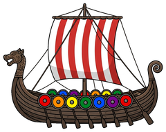Longship, Striped Sail and Shields (color), original Viking artwork from Asgard Alaska (Ships & Sea)